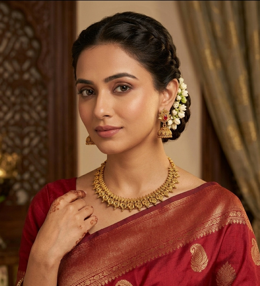 Antique Gold Plated Temple Jewelry Set with Jhumka Earrings