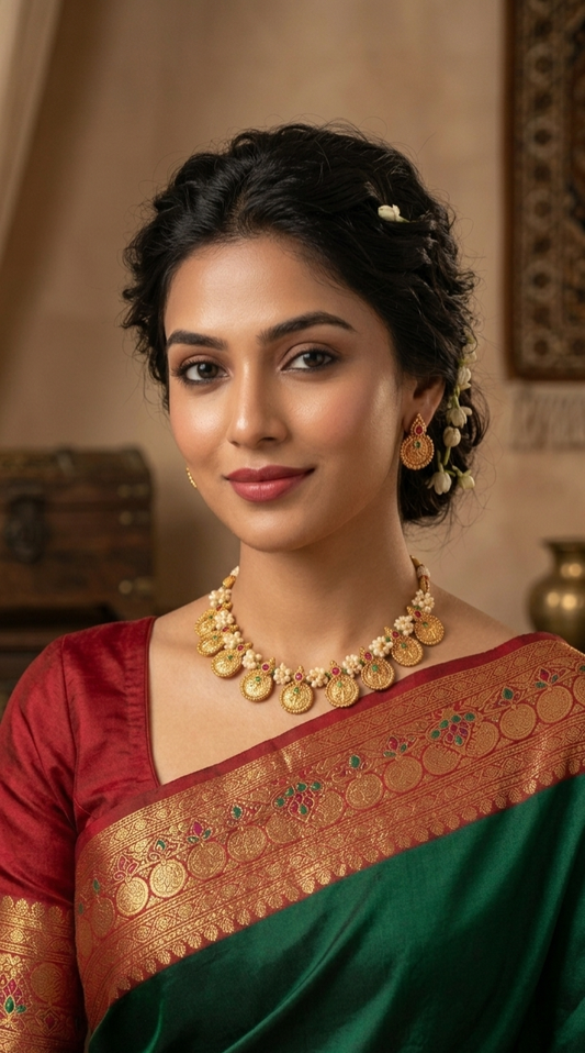 Traditional Gold Plated Coin Temple Necklace Set for Women