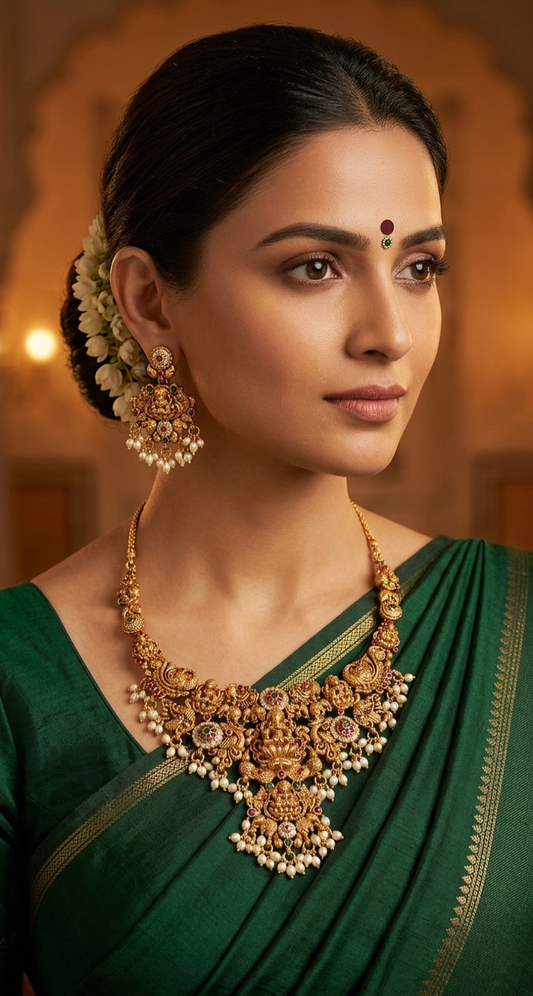 Antique Lakshmi Temple Necklace Set – Gold Finish Bridal Jewelry with Earrings