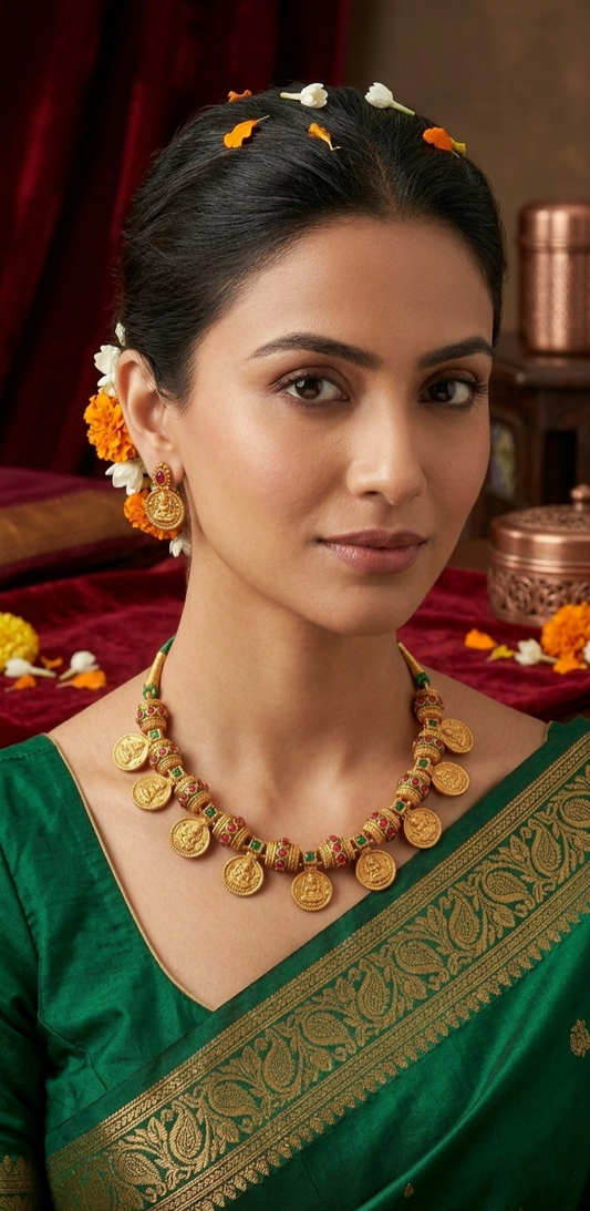 Lakshmi Coin Temple Gold Plated Necklace Set for Women