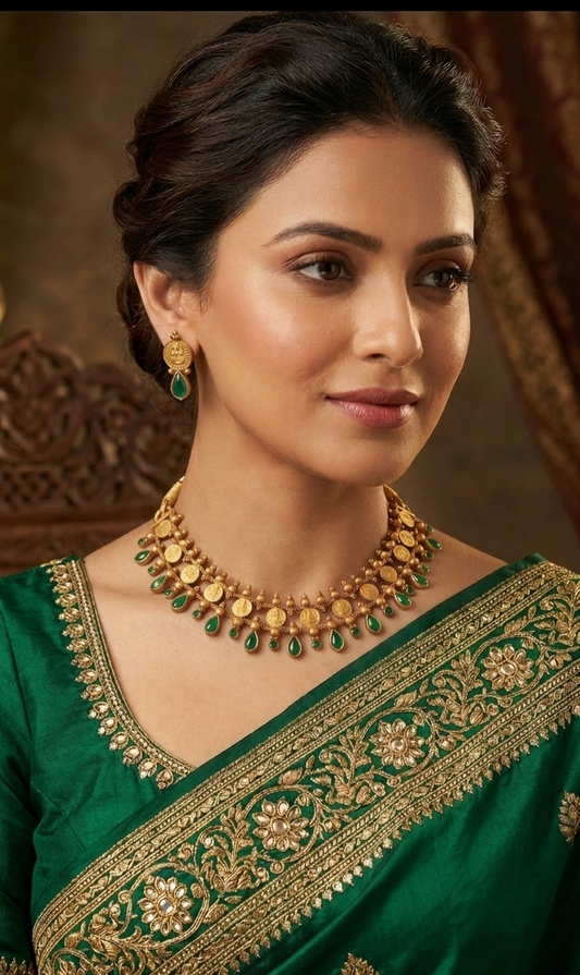 Traditional Antique Gold Plated Coin Necklace Set with Ruby Stones