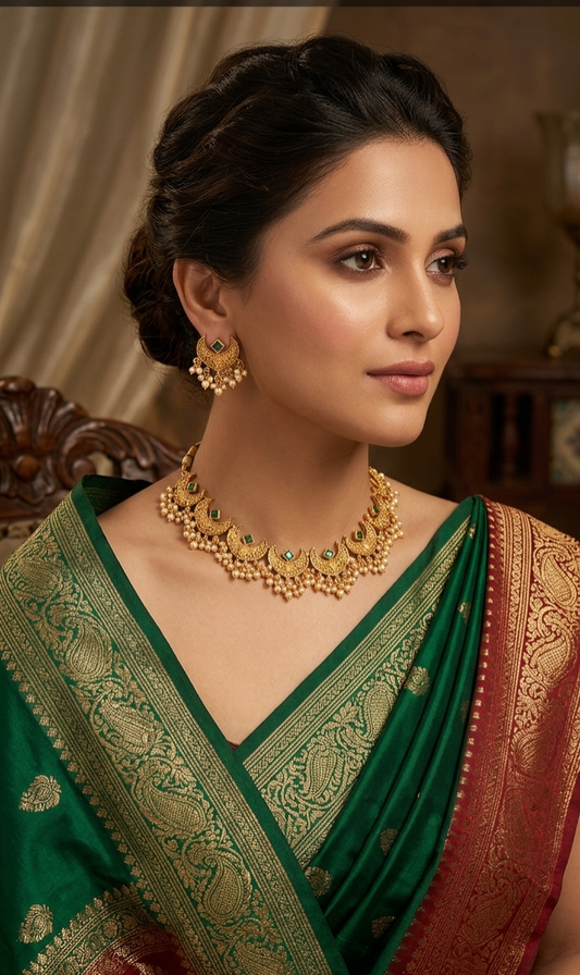 Crescent Moon Temple Gold Plated Necklace Set for Women
