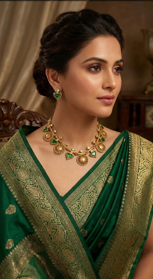 Traditional Gold Plated Green Meenakari Necklace Set with Earrings