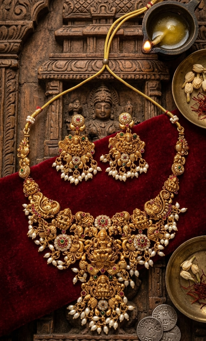 Antique Lakshmi Temple Necklace Set – Gold Finish Bridal Jewelry with Earrings