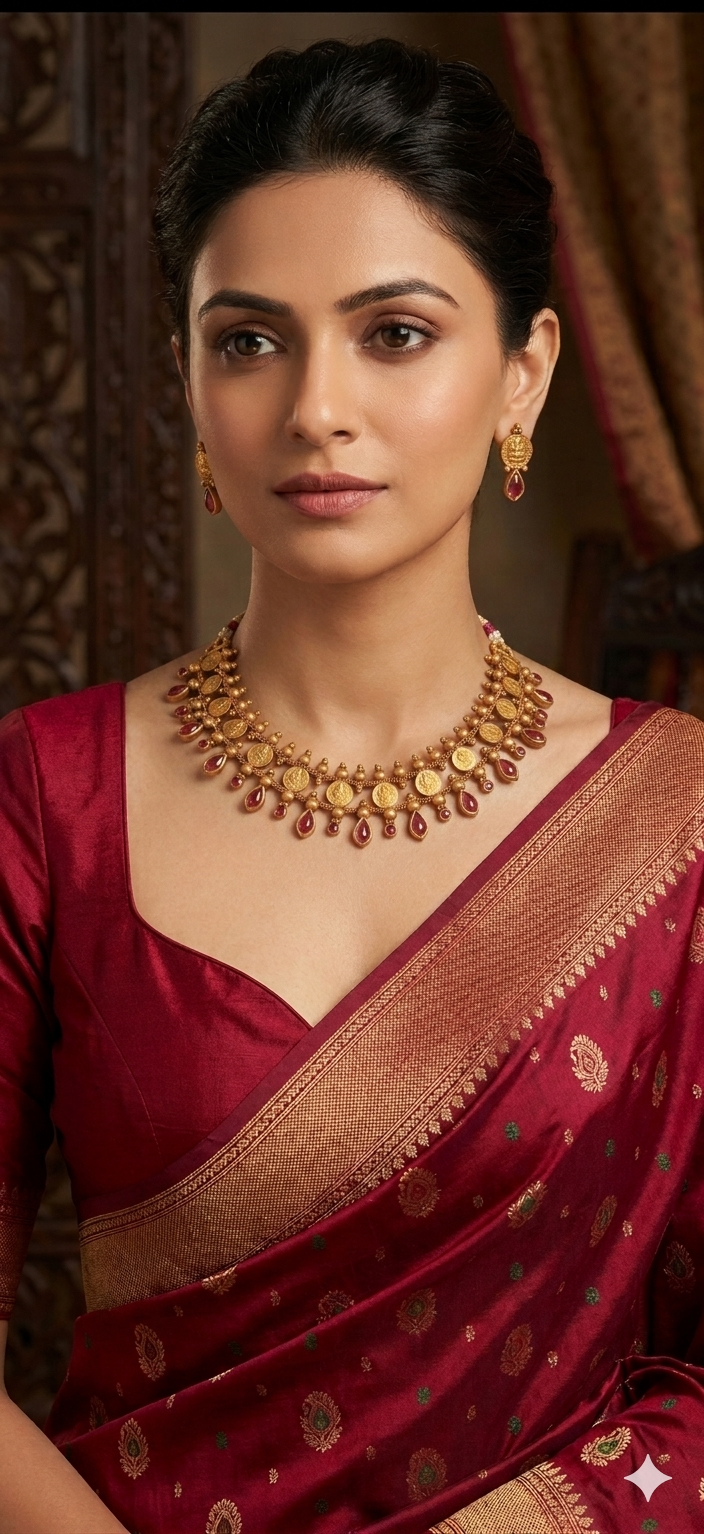 Antique Gold Plated Coin Necklace Set with Ruby Stones
