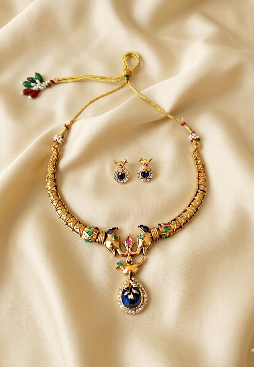 Traditional Peacock Blue Stone Temple Necklace Set for Women