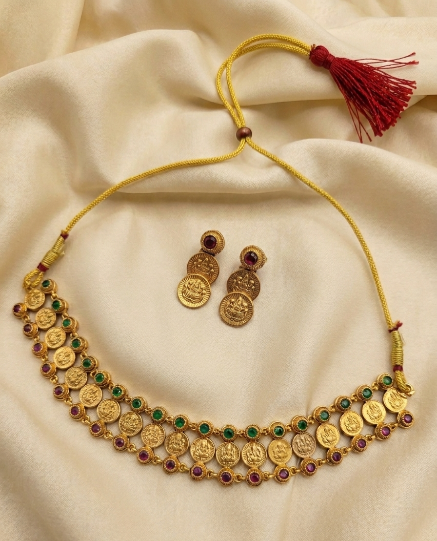 Gold Plated Lakshmi Coin Temple Necklace Set for Women