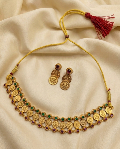 Gold Plated Lakshmi Coin Temple Necklace Set for Women