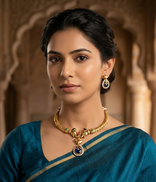 Traditional Peacock Blue Stone Temple Necklace Set for Women