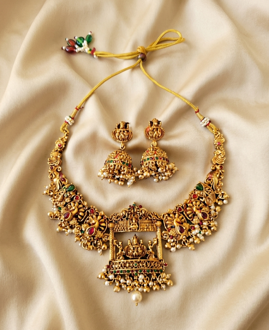 Gold Plated Lakshmi Bridal Necklace Set with Jhumkas