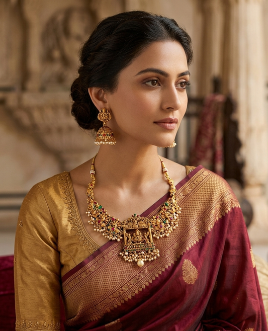 Gold Plated Lakshmi Bridal Necklace Set with Jhumkas