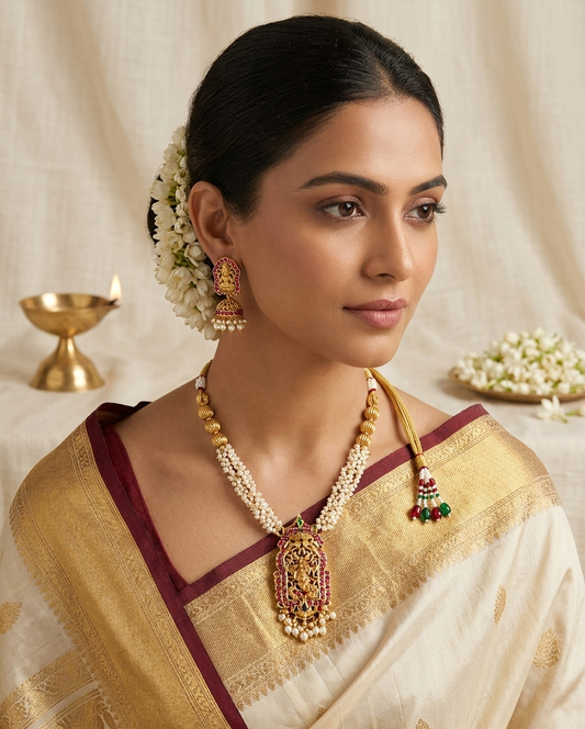 Traditional Lakshmi Pearl Temple Pendant Necklace Set for Women