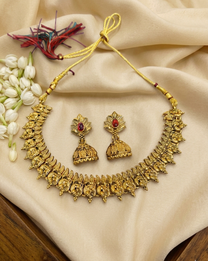 Antique Gold Plated Temple Jewelry Set with Jhumka Earrings