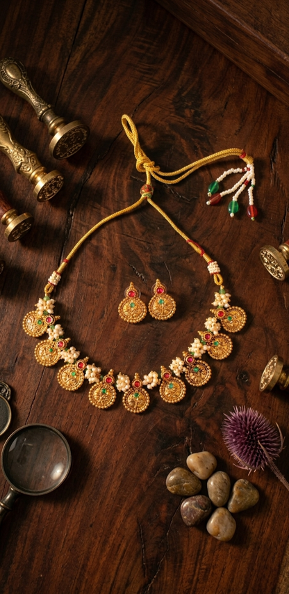 Traditional Gold Plated Coin Temple Necklace Set for Women