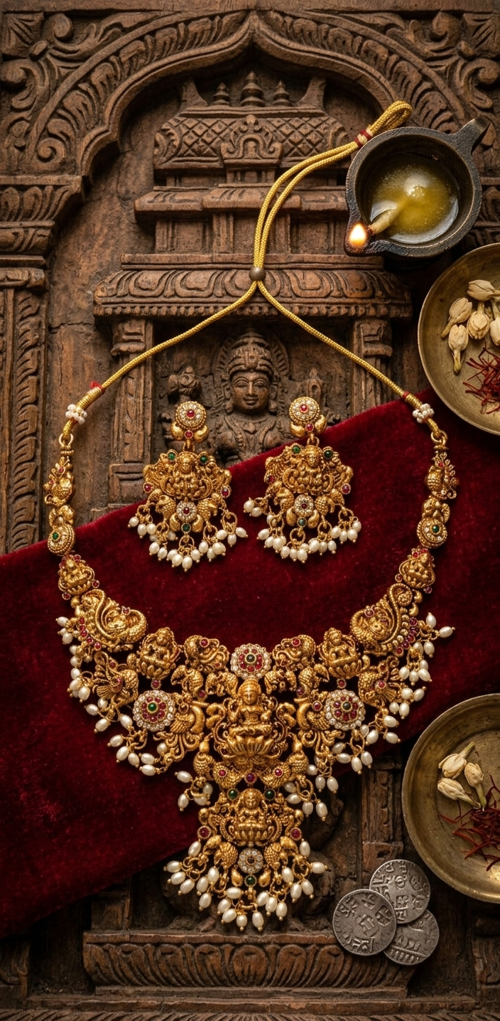 Antique Lakshmi Temple Necklace Set – Gold Finish Bridal Jewelry with Earrings