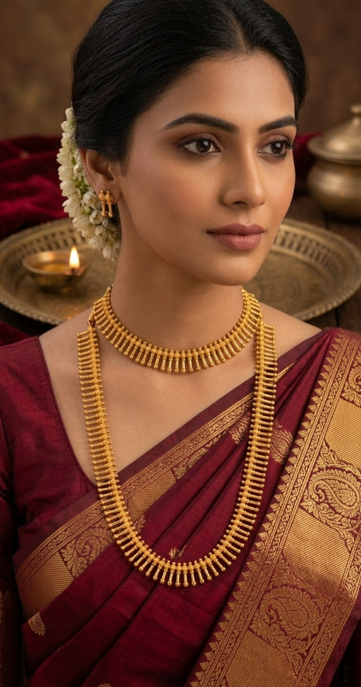 Traditional Gold Beaded Necklace Set with Earrings