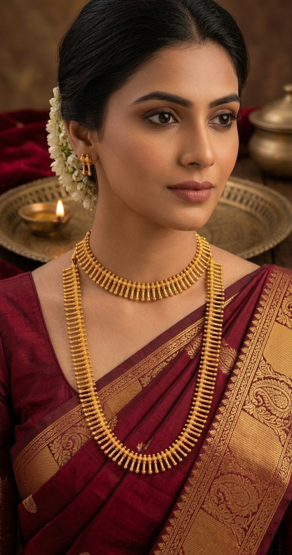 Traditional Gold Beaded Necklace Set with Earrings