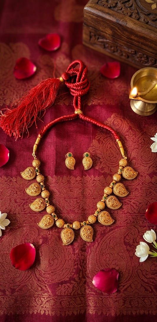 Micro Gold Plated Temple Necklace Set with Matching Earrings