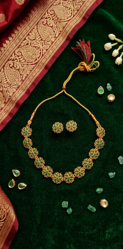 Traditional Green Floral Temple Gold Plated Necklace Set with Earrings