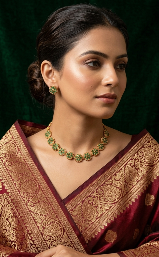 Traditional Green Floral Temple Gold Plated Necklace Set with Earrings