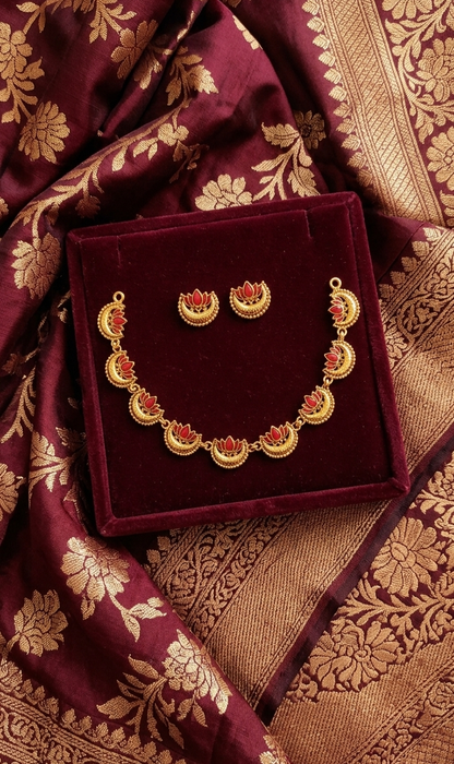 Lotus Temple Gold Plated Necklace Set with Earrings for Women