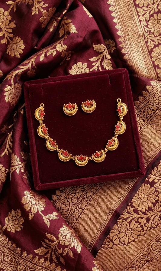 Lotus Temple Gold Plated Necklace Set with Earrings for Women