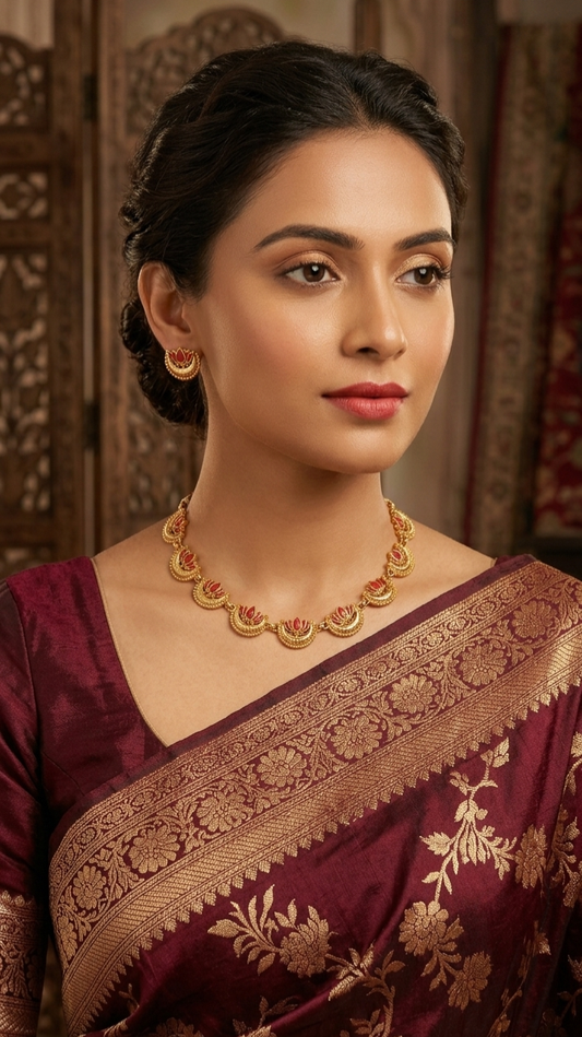 Lotus Temple Gold Plated Necklace Set with Earrings for Women