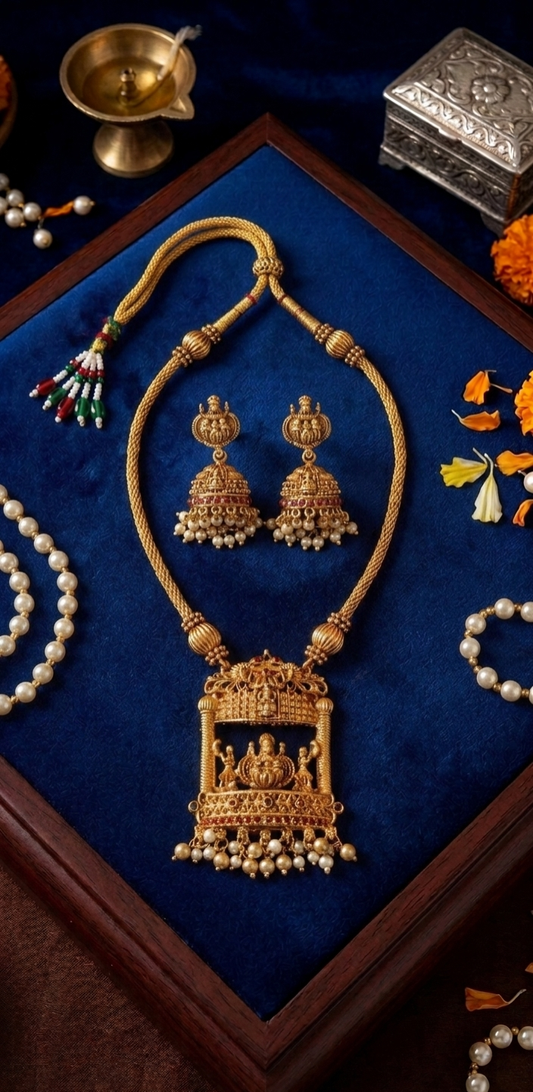 Lakshmi Temple Gold Plated Pendant Set with Jhumka Earrings
