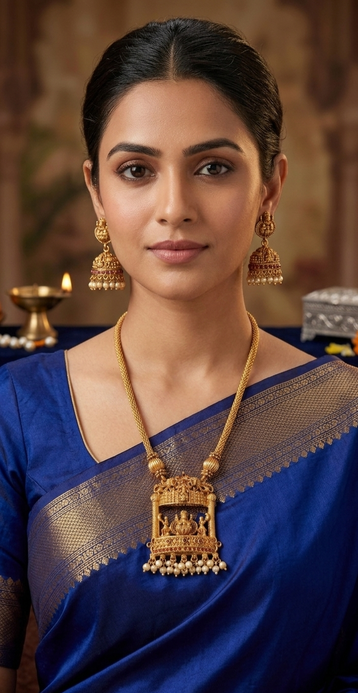 Lakshmi Temple Gold Plated Pendant Set with Jhumka Earrings