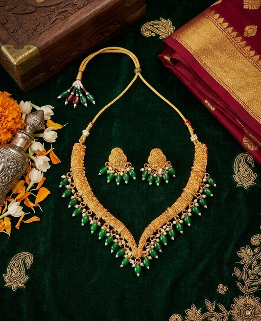 Temple Gold Plated Green Beads Necklace Set for Women