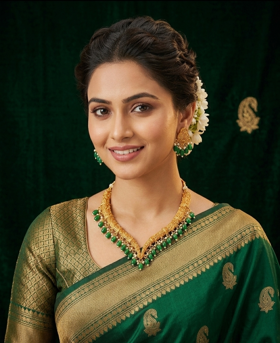 Temple Gold Plated Green Beads Necklace Set for Women