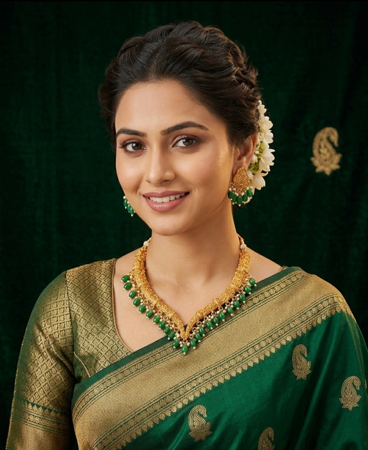 Temple Gold Plated Green Beads Necklace Set for Women