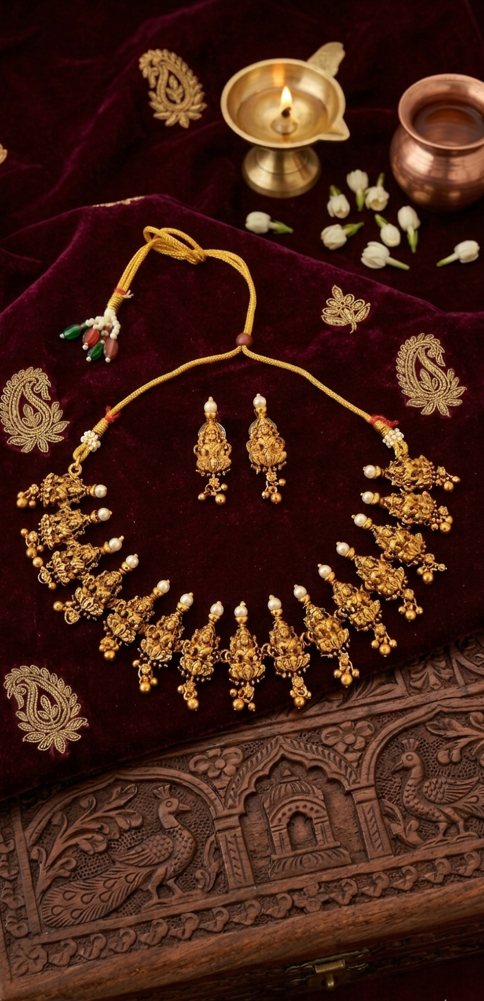 Traditional Lakshmi Temple Gold Plated Necklace Set with Earrings