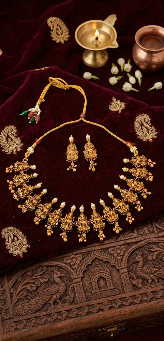 Traditional Lakshmi Temple Gold Plated Necklace Set with Earrings