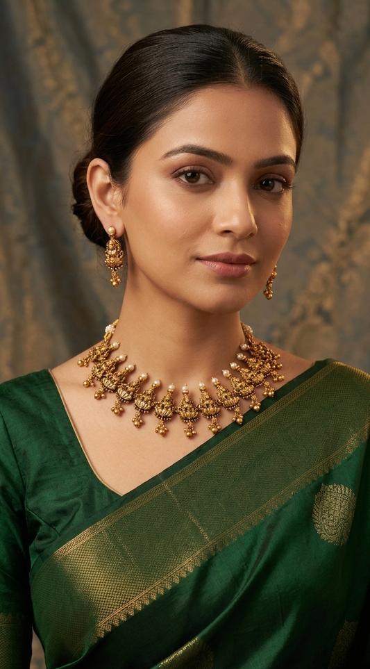 Traditional Lakshmi Temple Gold Plated Necklace Set with Earrings