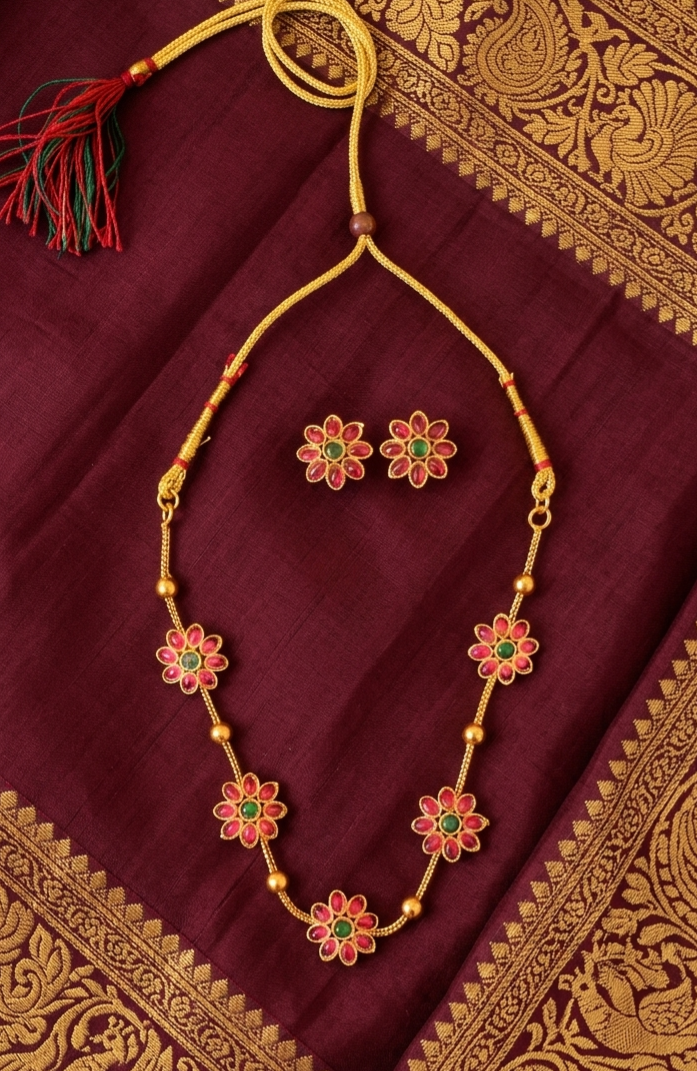 Floral Gold Plated Necklace Set with Earrings for Women