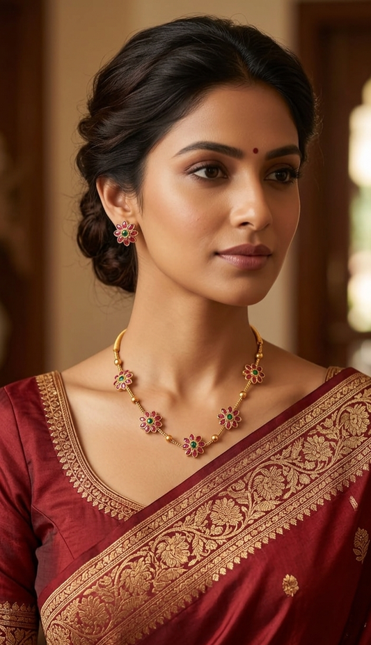 Floral Gold Plated Necklace Set with Earrings for Women