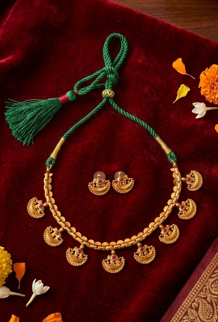 Temple Gold Plated Ruby Necklace Set with Earrings for Women