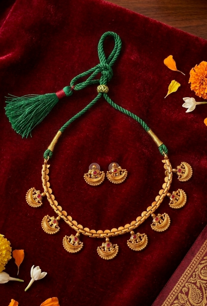 Temple Gold Plated Ruby Necklace Set with Earrings for Women