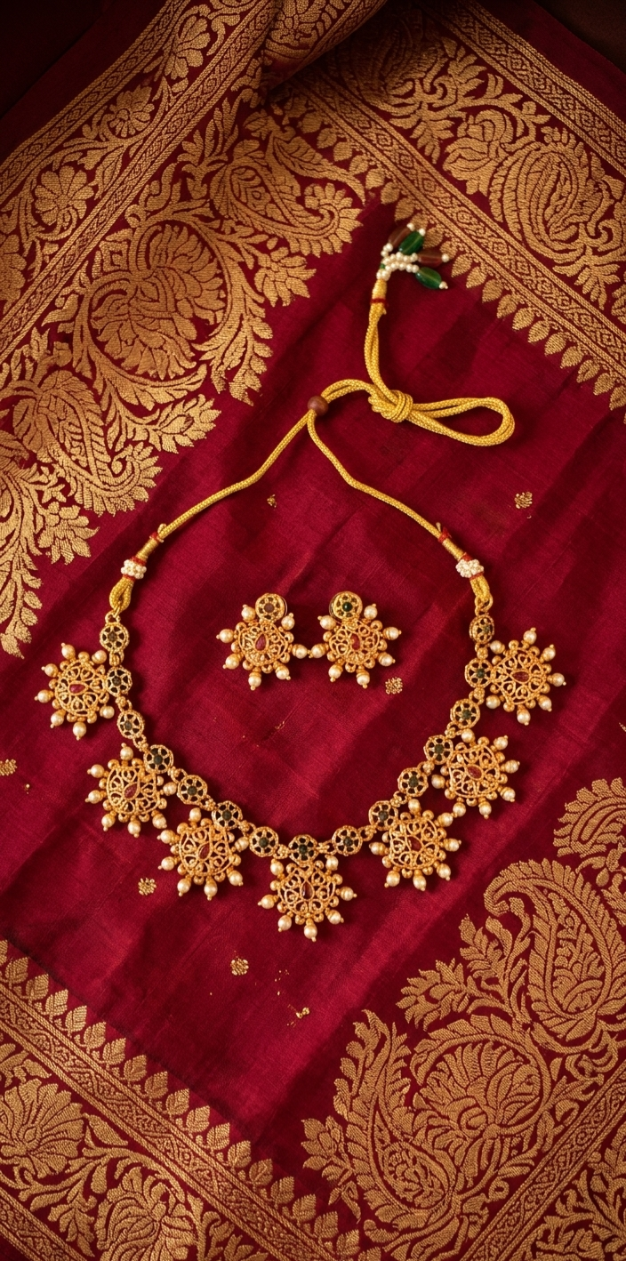 Antique Gold Plated Floral Temple Necklace Set for Women