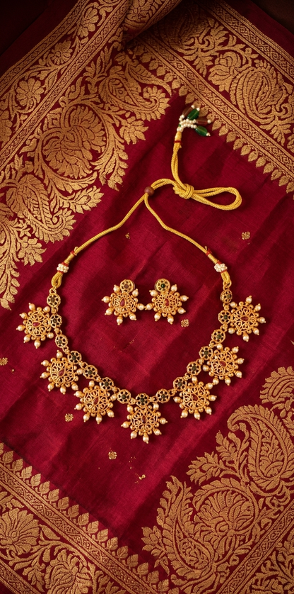 Antique Gold Plated Floral Temple Necklace Set for Women