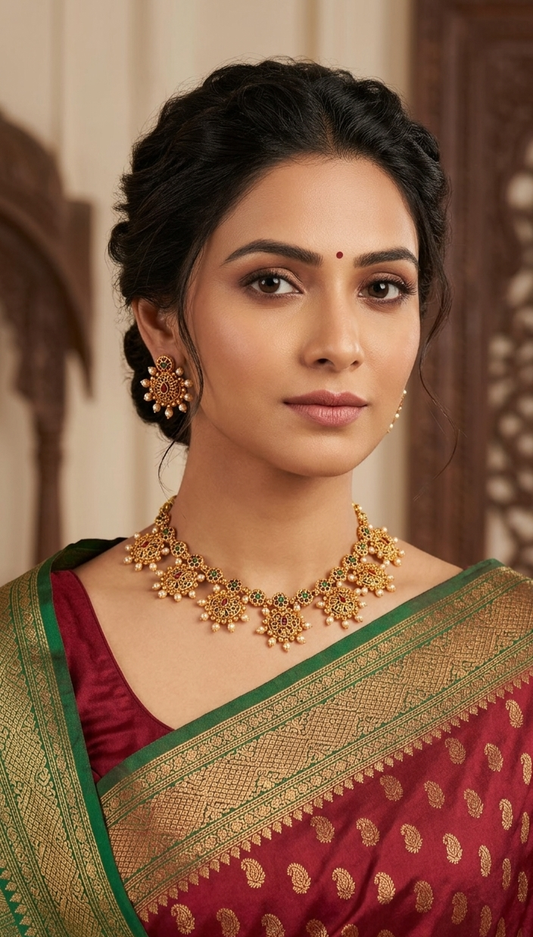 Antique Gold Plated Floral Temple Necklace Set for Women