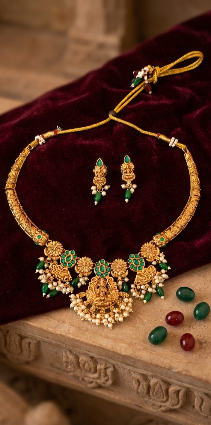 Lakshmi Temple Gold Plated Necklace Set with Green Stones
