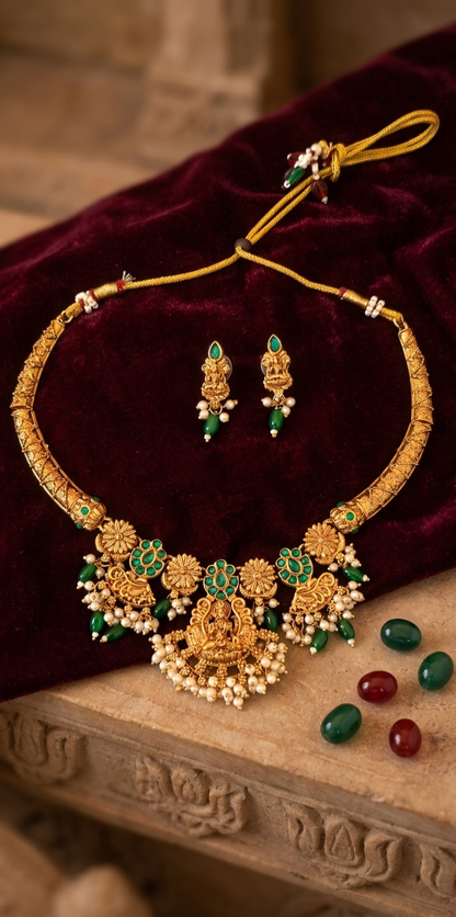 Lakshmi Temple Gold Plated Necklace Set with Green Stones