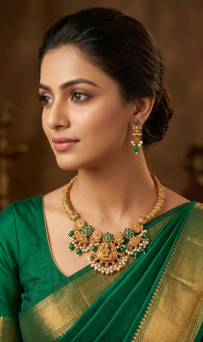 Lakshmi Temple Gold Plated Necklace Set with Green Stones