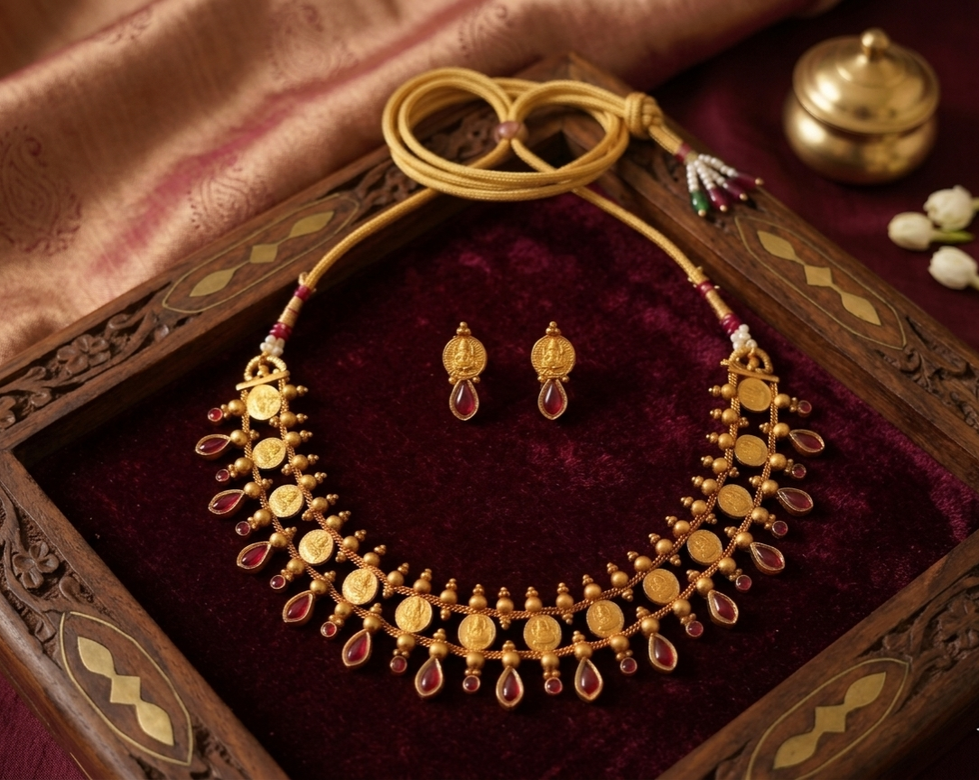 Antique Gold Plated Coin Necklace Set with Ruby Stones