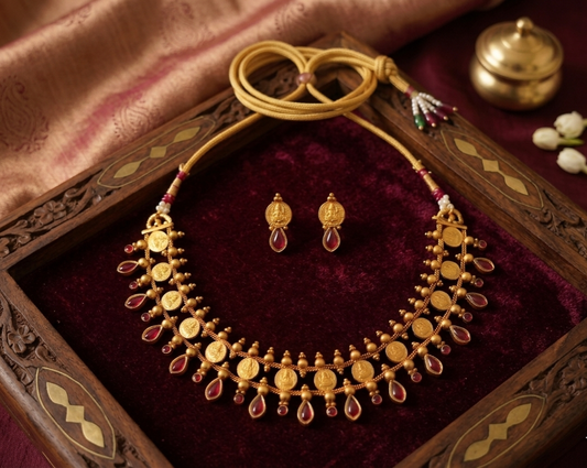 Antique Gold Plated Coin Necklace Set with Ruby Stones