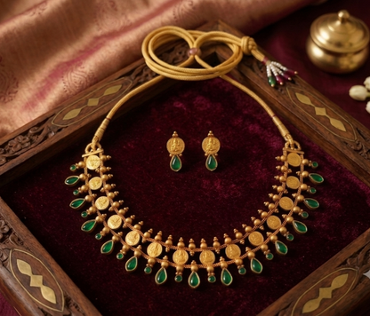 Traditional Antique Gold Plated Coin Necklace Set with Ruby Stones