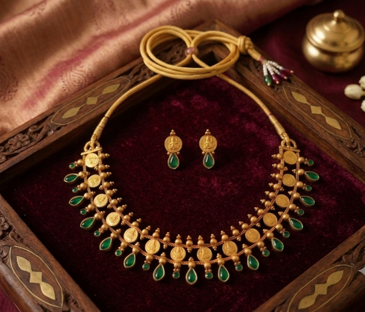 Traditional Antique Gold Plated Coin Necklace Set with Ruby Stones
