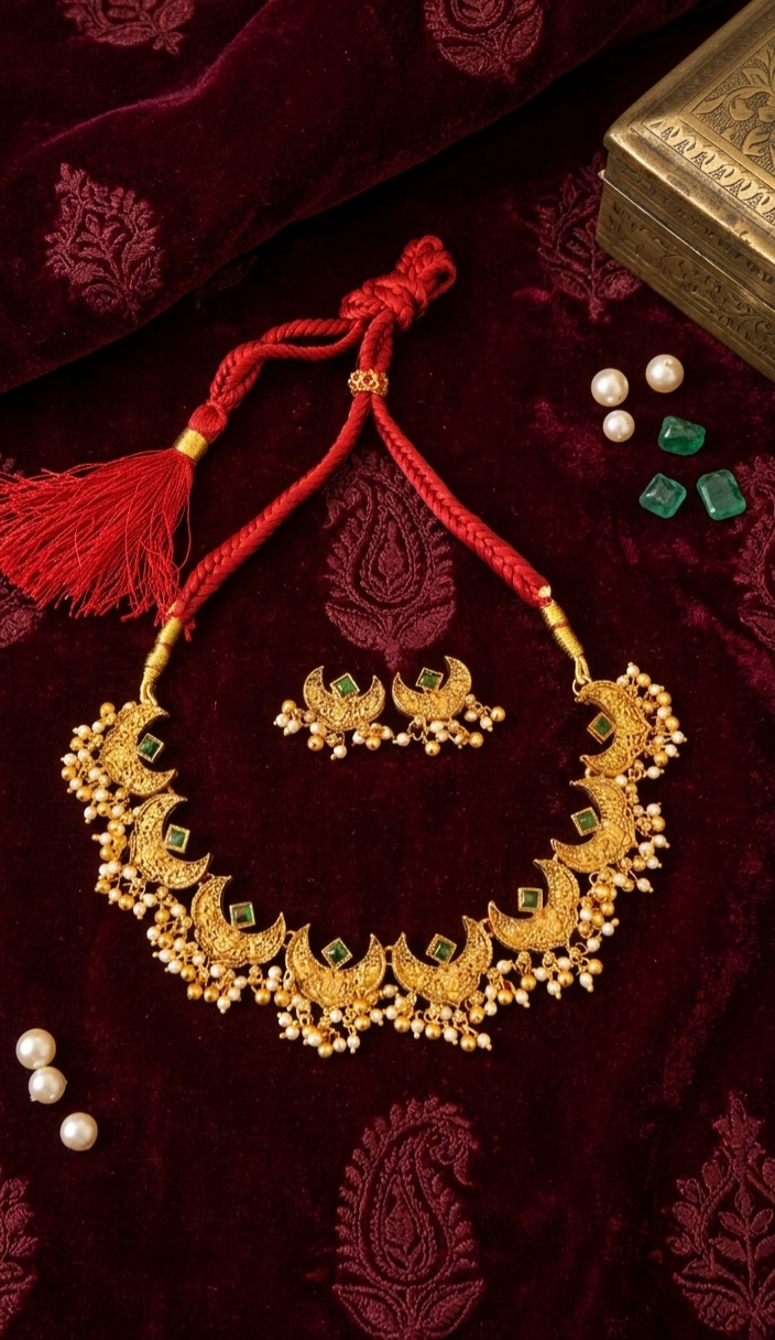 Crescent Moon Temple Gold Plated Necklace Set for Women